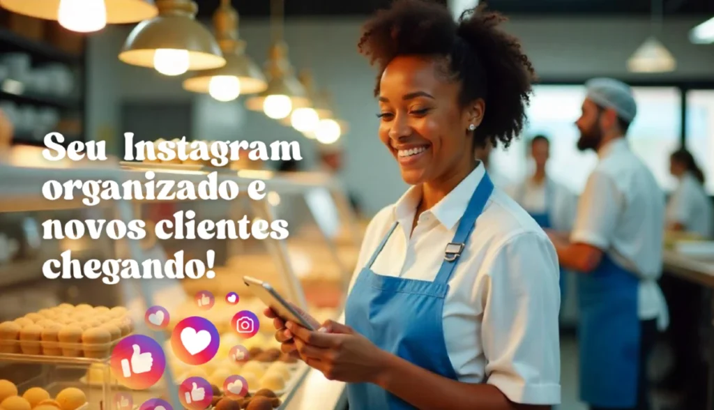 confeiteira com feed organizado com o pack de artes canva confeitaria